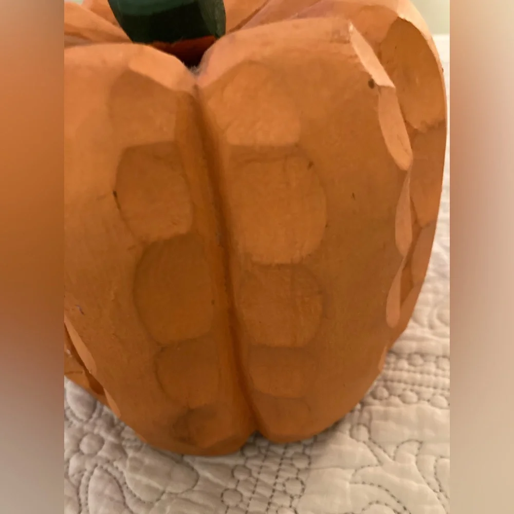 Solid Wood Hand Carved Pumpkin Green Stem Lots of Details